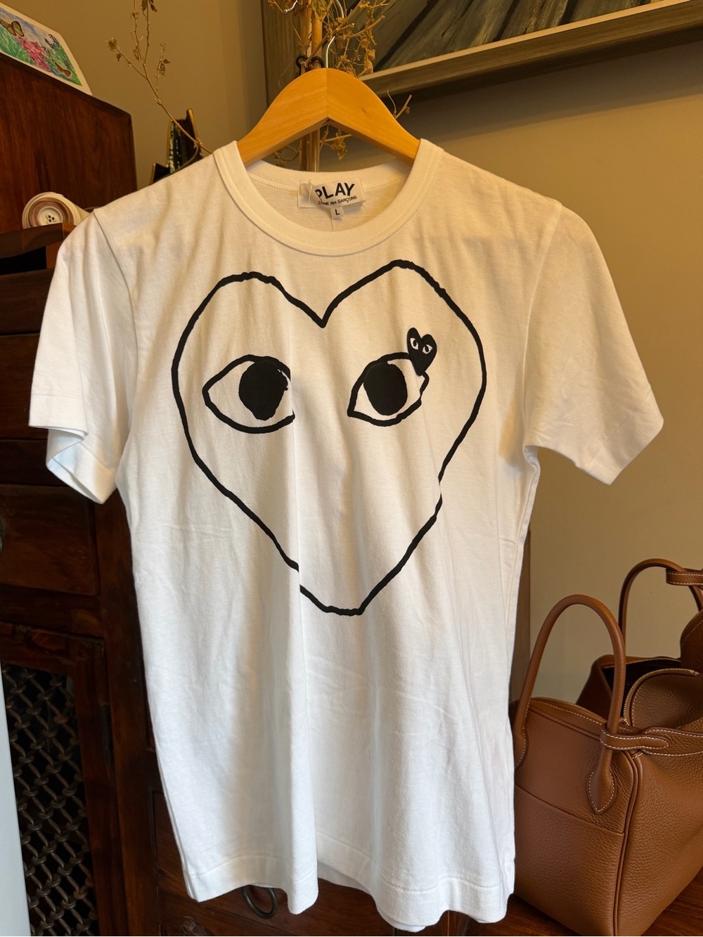 NWT Comme des Garcons PLAY White Tee with Black Heart Eyes Graphic